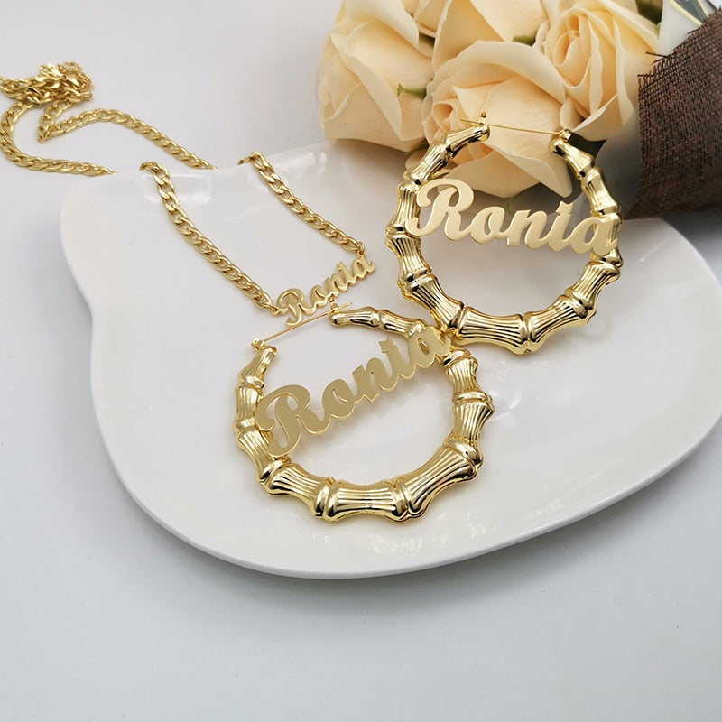 Custom Name Necklace and Bamboo Hoop Earrings Gift Set